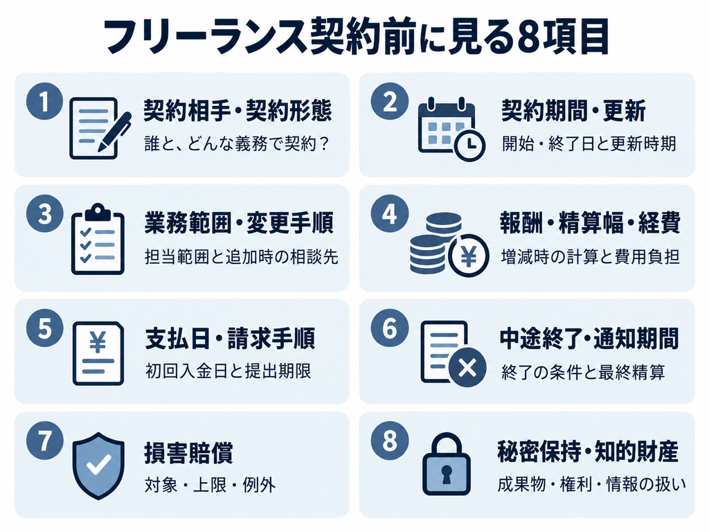 フリーランスの契約前に確認する契約形態、期間、業務範囲、報酬、支払日、中途終了、損害賠償、秘密保持と知的財産の8項目