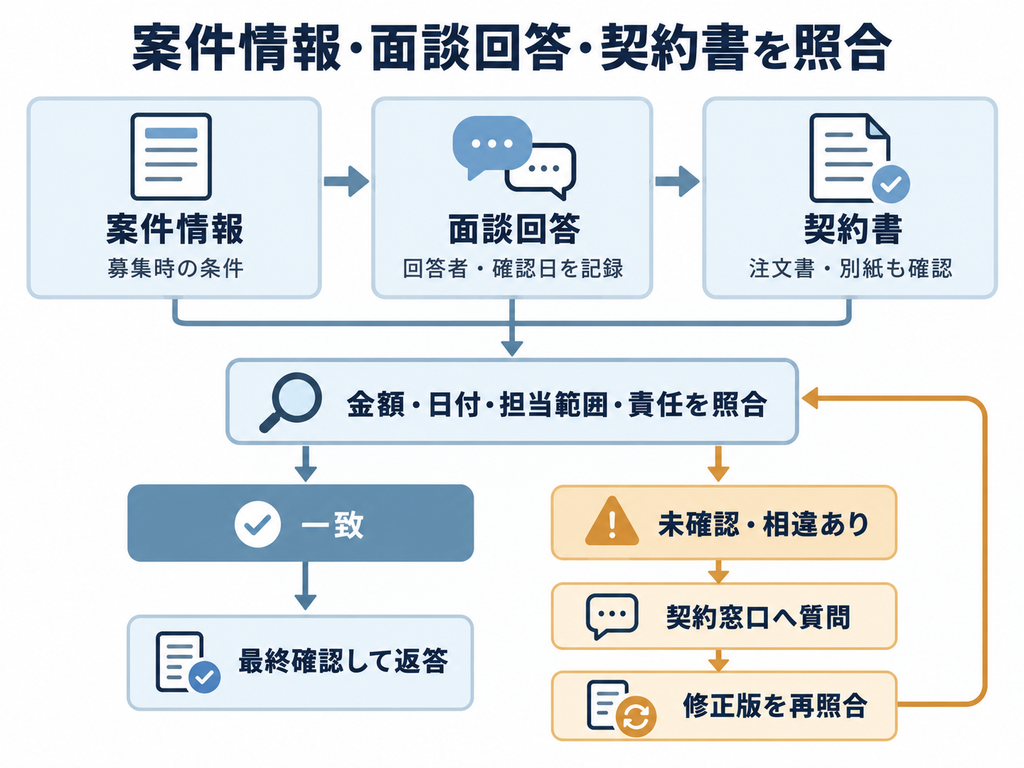 案件情報と面談回答を契約書へ照合し、未確認や食い違いがあれば契約窓口に質問して再確認する流れ