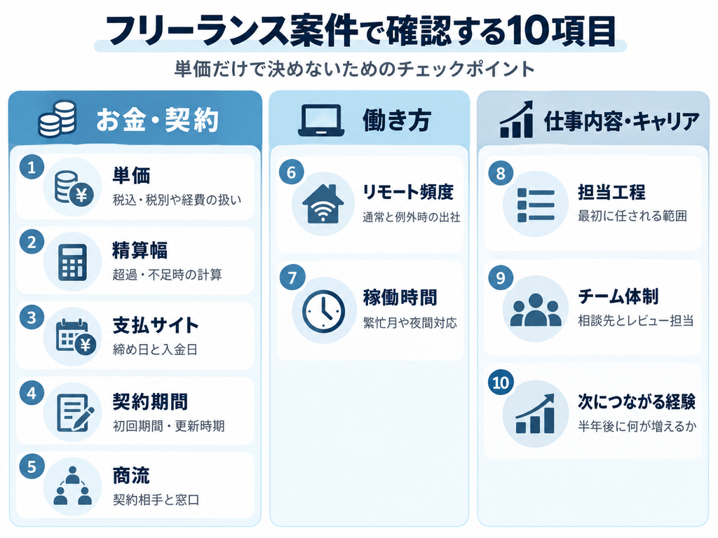 フリーランス案件を選ぶときに確認する単価・契約・働き方・仕事内容の10項目
