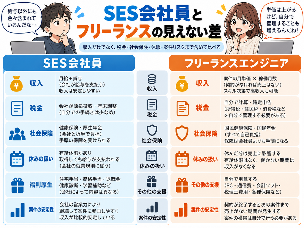 SES会社員とフリーランスで収入以外に変わる税金・社会保険・休暇・案件リスクの比較