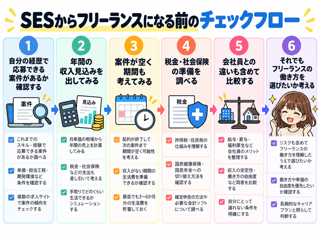 SESからフリーランスになる前に確認する案件・収入・貯蓄・社会保険の判断フロー